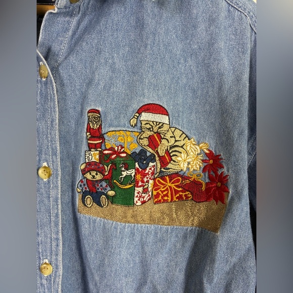 Vintage Let’s Quizz Again Denim Shirt Embroidered Christmas Cat Large - Picture 3 of 6